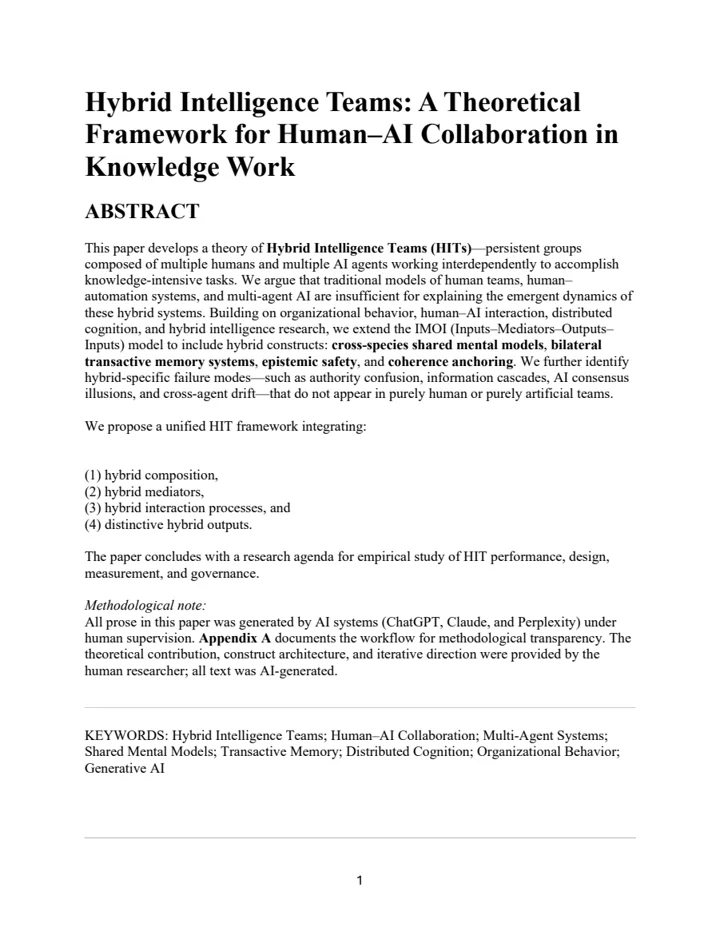 First page of Hybrid Intelligence Teams: A Theoretical Framework for Human–AI Collaboration in Knowledge Work