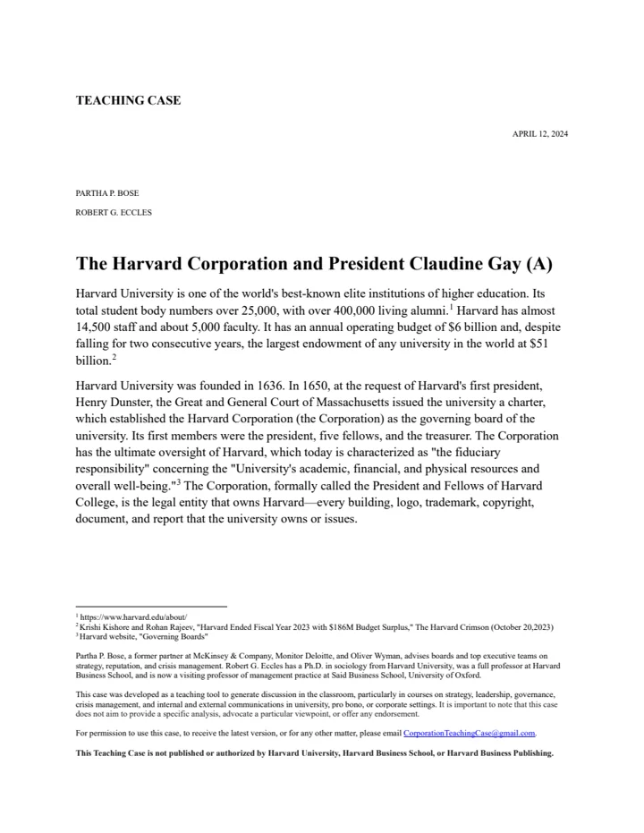 First page of Harvard Corporation Claudine Gay Case