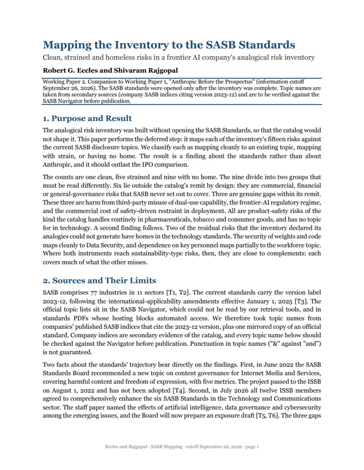 First page of Mapping the Inventory to the SASB Standards