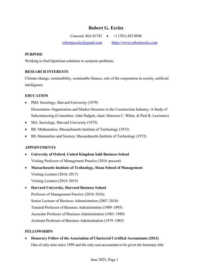 First page of Robert G. Eccles CV 7-10-25