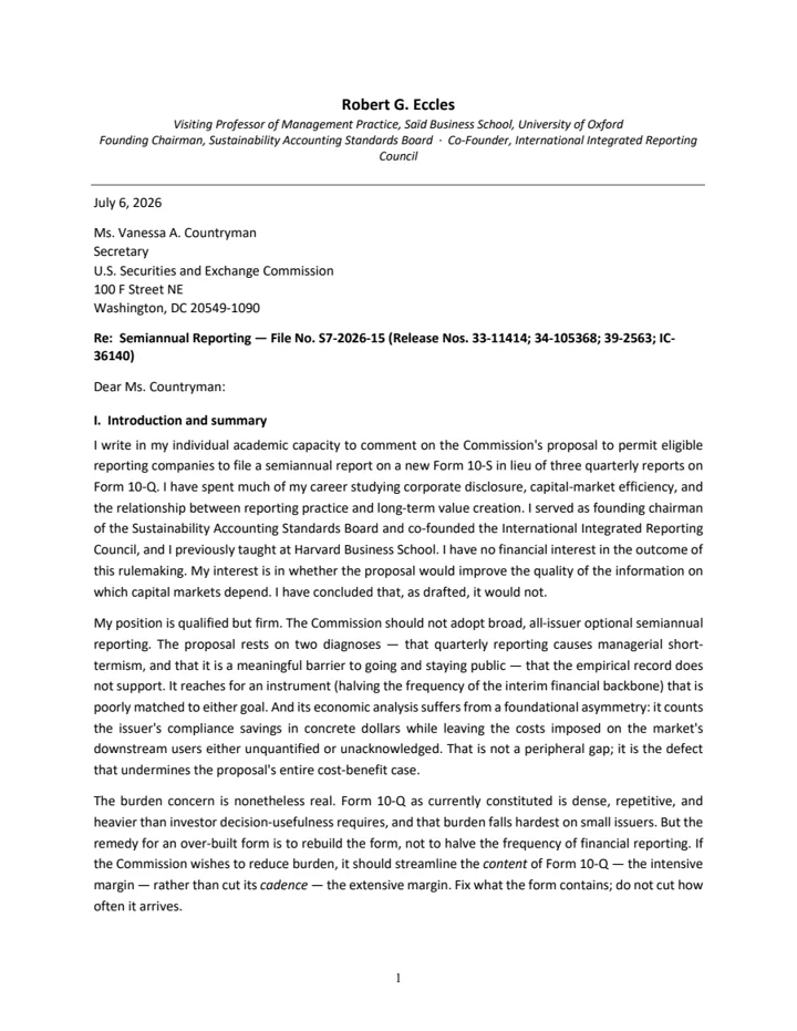 First page of SEC Comment Letter on Semiannual Reporting