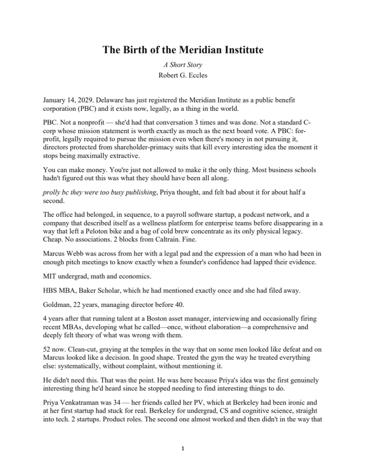 First page of The Birth of the Meridian Institute