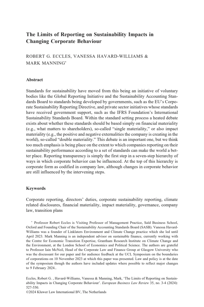 First page of The Limits of Reporting on Sustainability Impacts in Changing Corporate Behaviour
